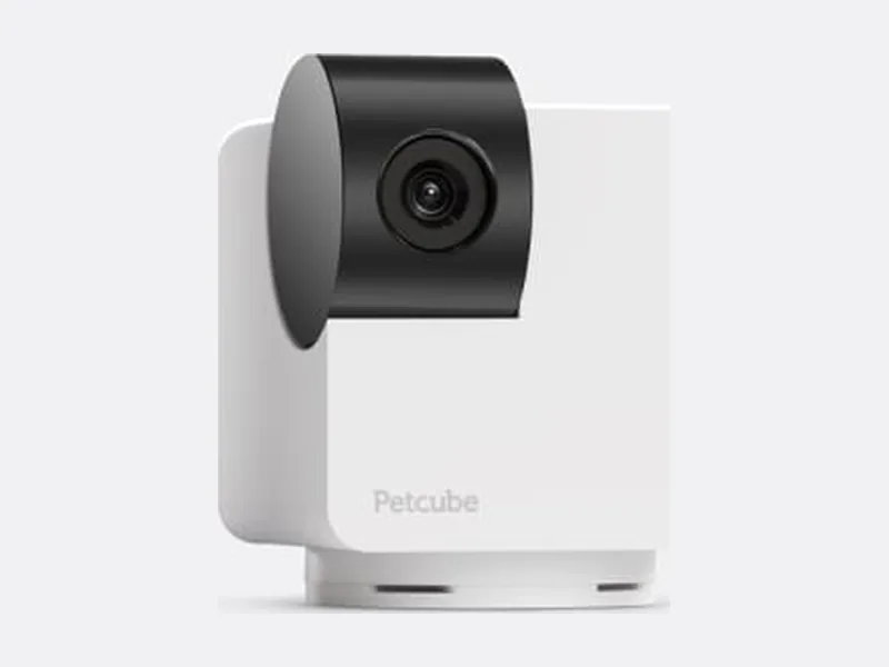 Petcube Cam 360, a white pet camera with a rotating black pan-and-tilt head