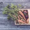 Crate of fresh carrots, onions and root vegetables on wooden boards (illustrative photo)