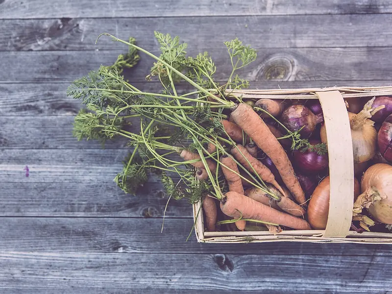 Crate of fresh carrots, onions and root vegetables on wooden boards (illustrative photo)